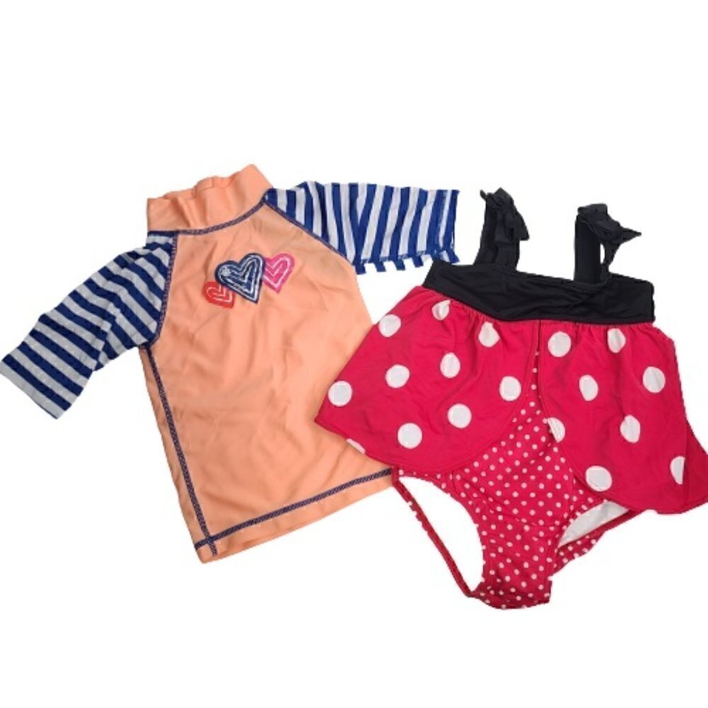 Lot of 2 Toddler Girls 2T Red Beetle Swimsuit and Orange Rashguard